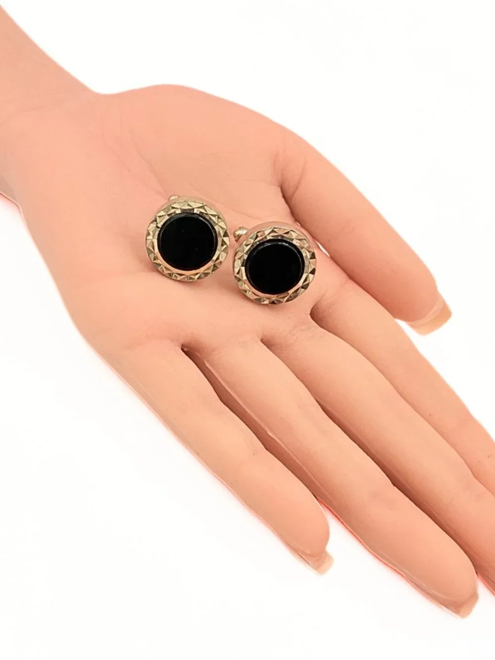Hickok USA Designer Signed MCM Black Glass Gold Plated Modernist Cufflinks